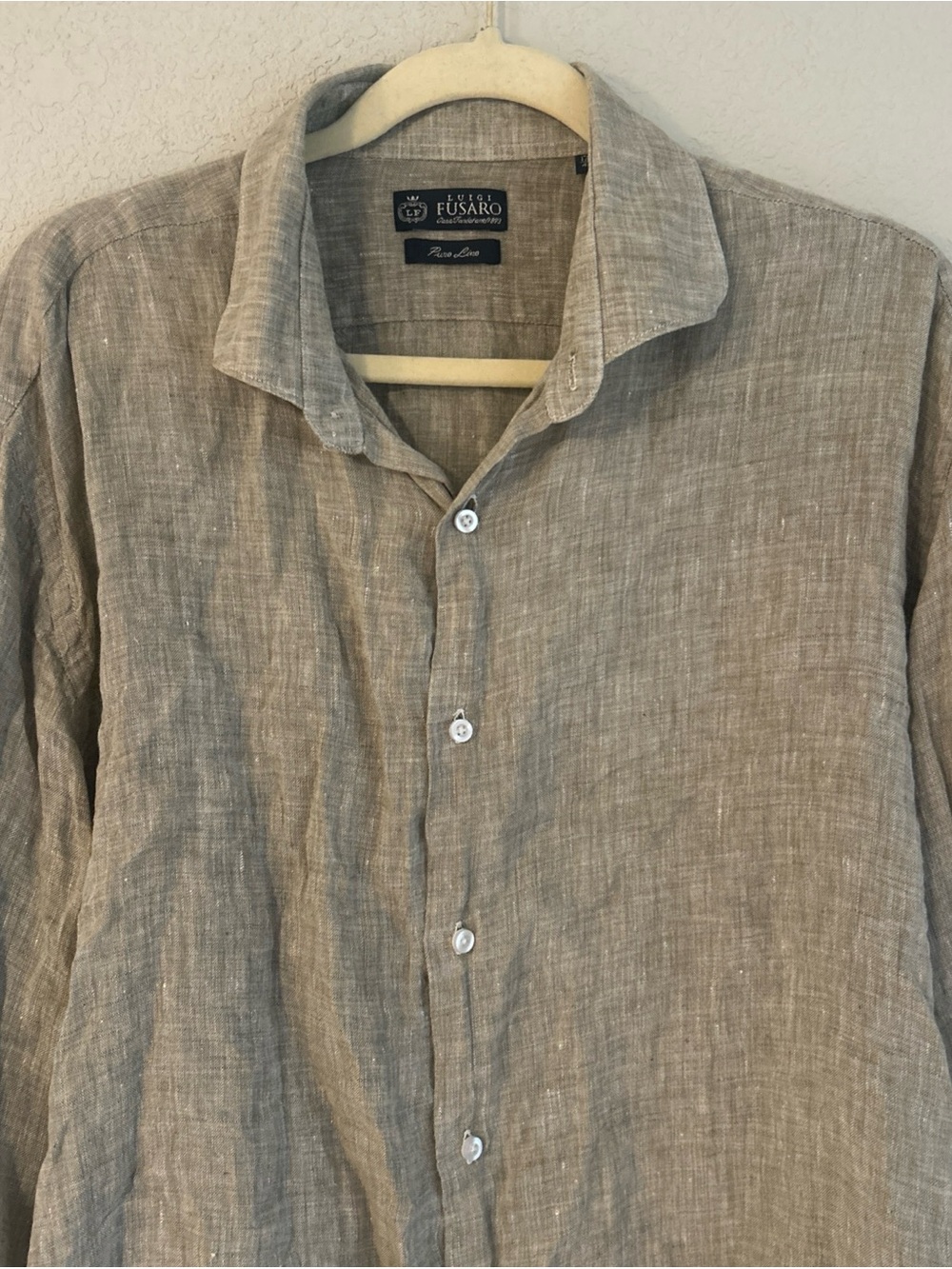 Luigi Fusaro 17.5/44 Pure Linen Button Down Beige Gray Neutral Shirt